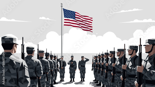 Low Poly Soldiers in formation salute the American flag during a solemn ceremony