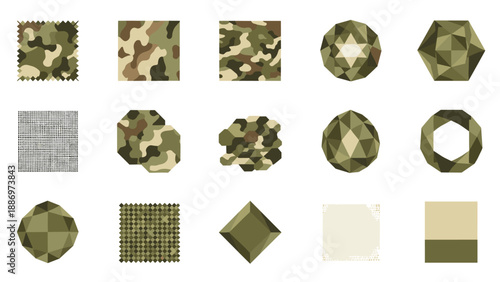 Low Poly Collection of camouflage patterns and geometric shapes in earthy tones