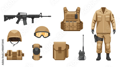 Low Poly Military tactical gear and uniform set for combat operations and protection