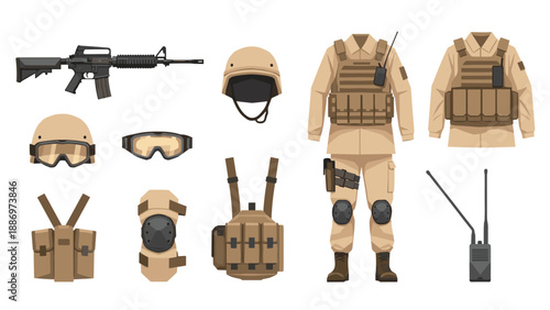 Low Poly Military uniform and equipment set for combat operations and tactical missions
