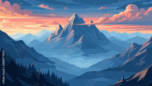 Low Poly Majestic mountain range bathed in the warm glow of a vibrant sunset sky