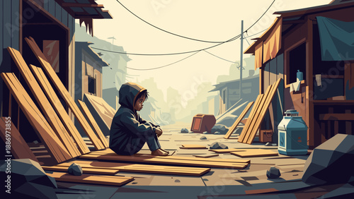 Low Poly Young child in hoodie sits alone in a desolate urban slum with makeshift housing and debris