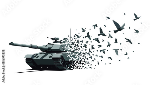 Low Poly Military tank dissolving into a flock of birds, symbolizing peace and transformation