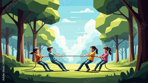 Low Poly Children playing tug of war in a park on a sunny day with trees and clouds
