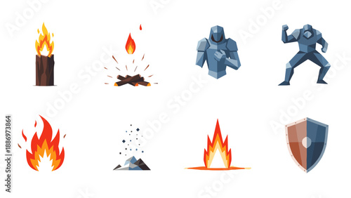 Low Poly Collection of fantasy game icons featuring fire, knights, and shields in a low-poly style