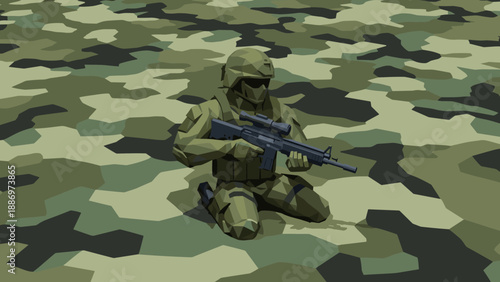 Low Poly Low poly soldier in camouflage uniform kneeling with rifle on a patterned background