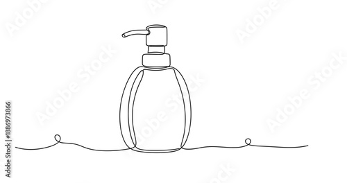 Minimalist continuous line drawing of soap dispenser bottle on white background. Non editable stroke