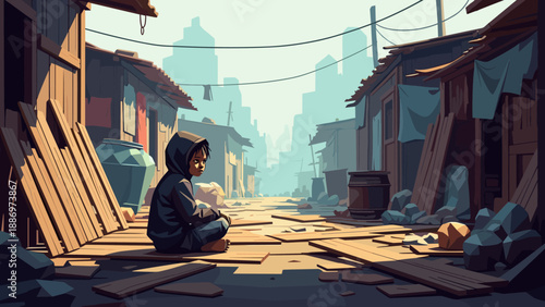 Low Poly Young child in a hoodie sits alone in a desolate slum alleyway with dilapidated buildings