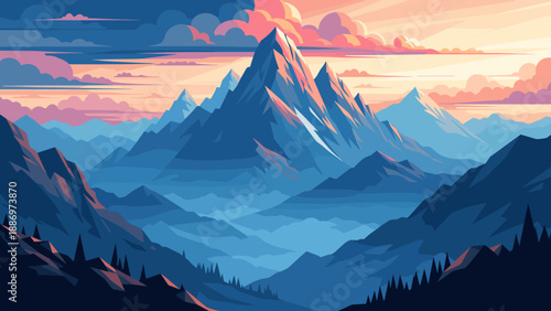 Low Poly Majestic mountain range bathed in the soft glow of a pastel sunrise, digital art