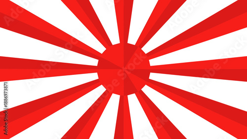 Low Poly Rising sun graphic with red rays emanating from a central red circle on a white background