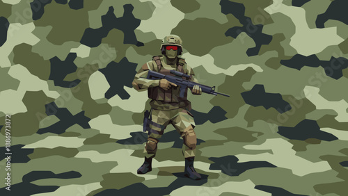 Low Poly Low poly soldier in camouflage uniform holding a rifle against a camouflage background
