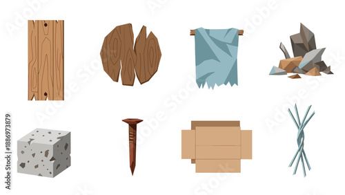 Low Poly Collection of assorted construction and debris materials on a white background