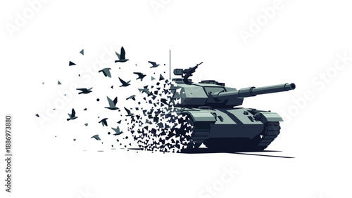 Low Poly Military tank dissolving into flock of birds and geometric shapes