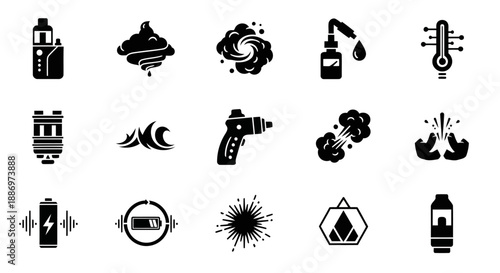 A high-resolution 4K vector-style illustration featuring 15 unique black silhouette vape icons arranged in one frame. Each icon represents a different abstract vaping concept such as vapor waves