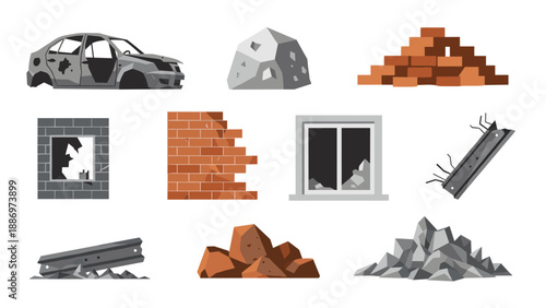 Low Poly Collection of damaged objects and debris, including a wrecked car and broken window