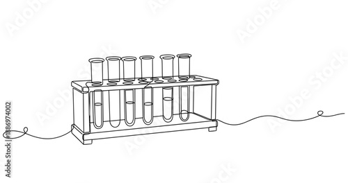 Minimal line art of test tubes on a rack in a laboratory setting. Non editable stroke