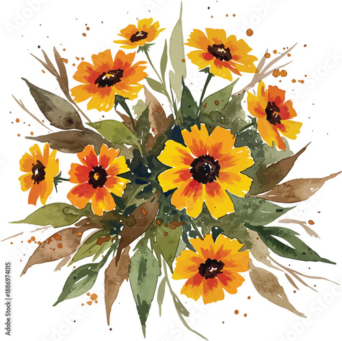 A vibrant bouquet of yellow marigolds and spring flowers creates a bright floral blossom against a colorful summer garden background, showcasing the natural beauty of every petal