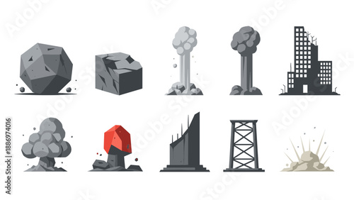 Low Poly Collection of disaster and destruction icons including asteroids, explosions, and ruined buildings