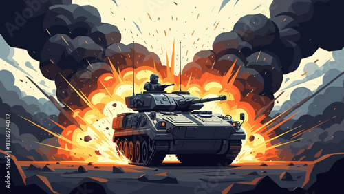 Low Poly Armored tank advances through explosive battlefield with smoke and fire in the background