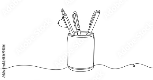Continuous line drawing of pens and cup on desk. Non editable stroke