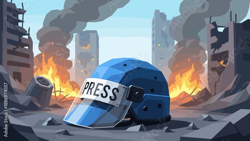 Low Poly Journalist's protective helmet with PRESS label in a war-torn city with fires and smoke