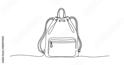 Minimalist line drawing of backpack with rope straps and front pocket. Non editable stroke