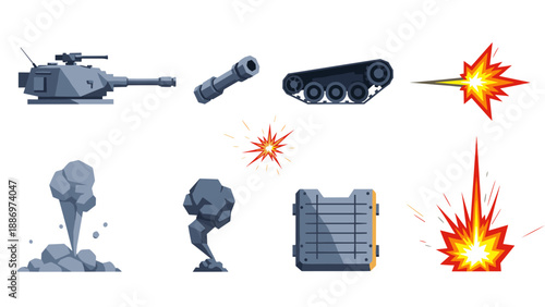 Low Poly Collection of cartoon war elements including tank parts, explosions, and smoke effects