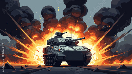 Low Poly Modern military tank advances through intense battlefield explosions and smoke