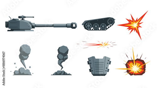 Low Poly Collection of cartoon military elements including tank parts, explosions, and smoke effects