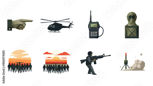 Low Poly Military and tactical icons set with helicopter, soldier, and communication devices