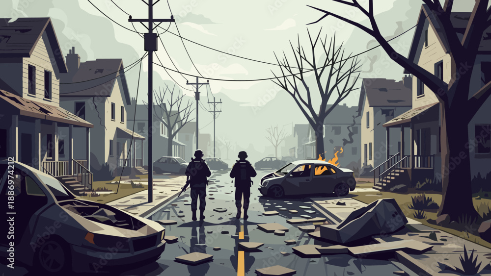 Naklejka premium Low Poly Two soldiers walk down a destroyed street with burning cars and damaged houses