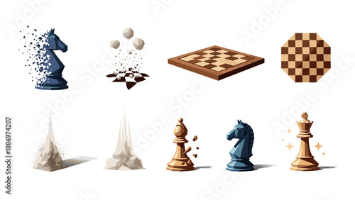Low Poly Collection of abstract chess pieces and boards with dynamic disintegration effects