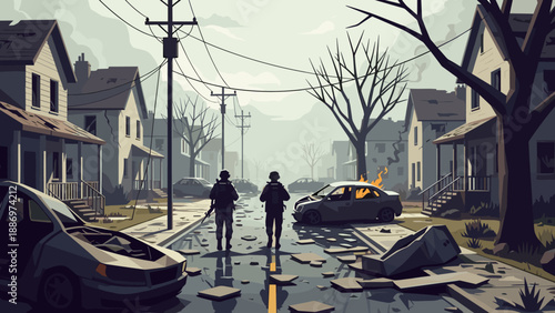 Low Poly Two soldiers walk down a destroyed street with burning cars and damaged houses