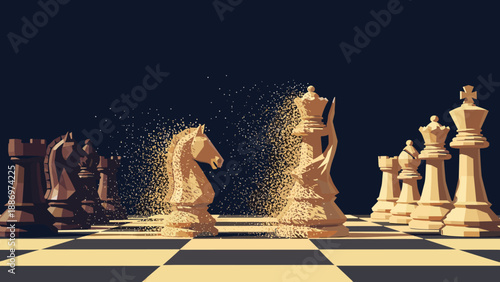 Low Poly Chess game in progress with a knight and queen dissolving into particles on a dark background