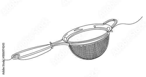 Continuous line drawing of a wire mesh strainer with handle. Non editable stroke