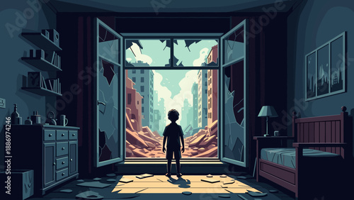 Low Poly Child looks out broken window at destroyed city skyline, symbolizing hope amidst devastation
