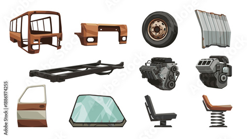 Low Poly Collection of vintage vehicle parts and chassis components for restoration projects