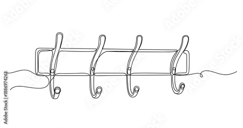 Minimalist line art of a simple wall-mounted coat hook with four hooks. Non editable stroke