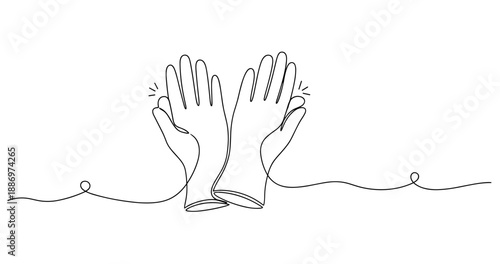 Line drawing of hands wearing protective gloves against white background. Non editable stroke