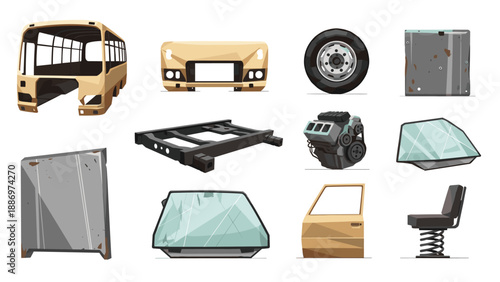 Low Poly Collection of cartoon vehicle parts and components for repair or customization