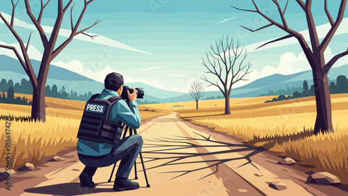 Low Poly Journalist in press vest crouches with camera on tripod in a dry landscape