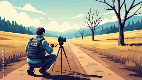 Low Poly Journalist with press vest and camera on tripod filming in a rural landscape