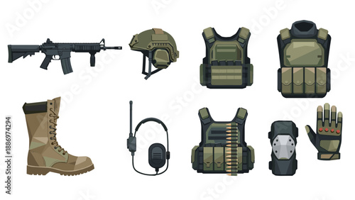 Low Poly Military tactical gear and equipment collection, including rifle, helmet, vests, and boots