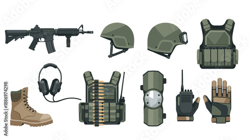 Low Poly Collection of military tactical gear and equipment, including rifle, helmet, vest, and boots