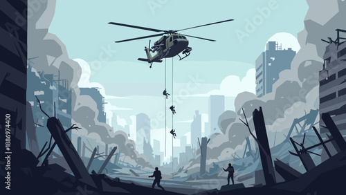 Low Poly Helicopter rappels soldiers into a war-torn city with destroyed buildings and smoke