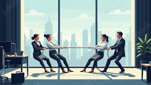 Low Poly Business professionals in suits engaged in a tense tug-of-war competition inside an office
