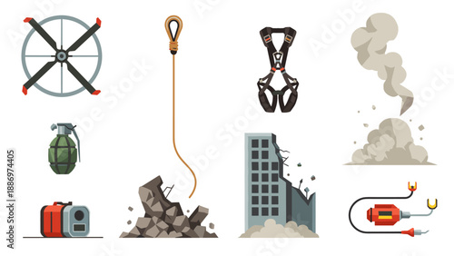 Low Poly Collection of disaster and rescue equipment and elements, vector illustration
