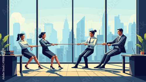 Low Poly Business professionals in suits engaged in a tense tug-of-war competition inside an office