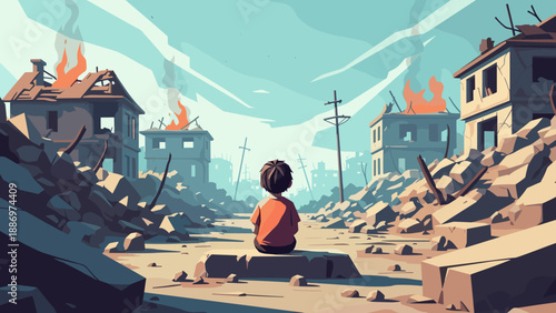 Low Poly Child sits alone amidst the ruins of a war-torn city with buildings burning