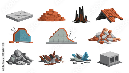 Low Poly Collection of isometric debris and construction materials in a flat design style